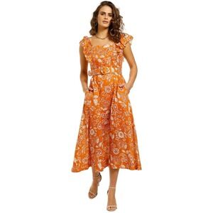 Nicholas Paisley Linen Ruffle Sleeve Maxi Dress Womens 4 Resort Feminine Boho